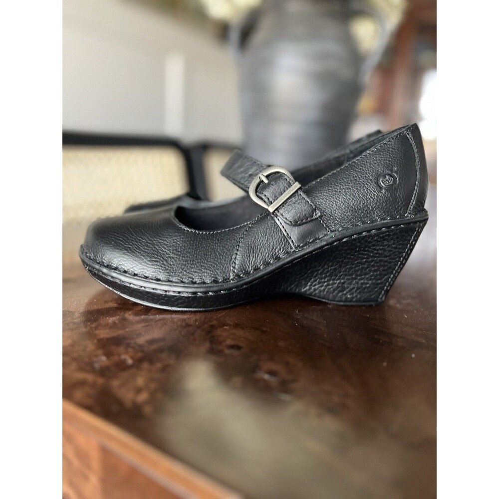 New BORN Black Pebbled Leather Maryjane Buckle Wedge Clogs 7M